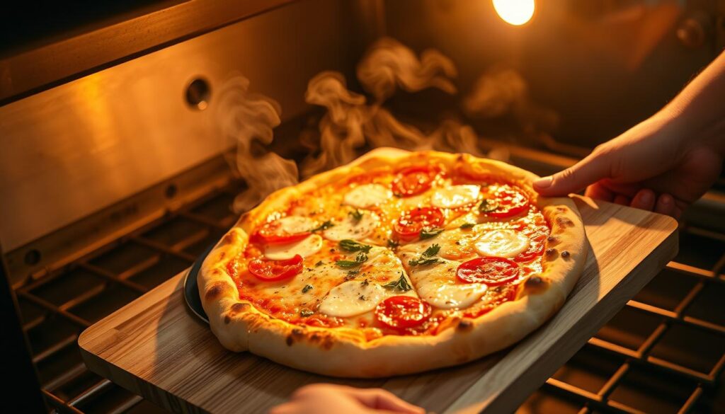 A delectable pizza, fresh from the oven, sizzles and bubbles, its golden crust glistening under the warm glow of the convection oven. The steam rises, carrying the tantalizing aroma of melted cheese and aromatic herbs. The chef, their hands deftly maneuvering the pizza peel, slides the perfectly cooked pie onto a waiting cutting board, ready to be sliced and savored. The scene is captured in vibrant detail, the iPhone 16 Pro Max's advanced camera showcasing the even browning and the subtle char around the edges, a testament to the precision of the convection heating. This image perfectly encapsulates the joy and satisfaction of baking pizza in a convection oven, providing a visually enticing representation of the section's focus on the benefits of this cooking method.