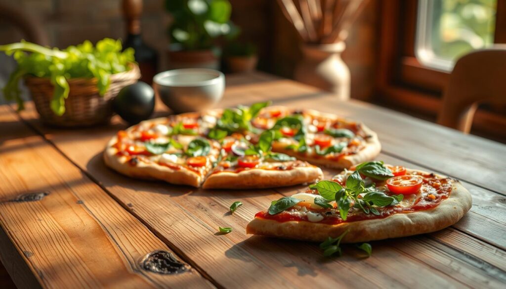 A delectable pizza, its golden crust adorned with vibrant toppings, rests upon a rustic wooden table. The scene is bathed in warm, natural light, casting a cozy, inviting ambiance. In the foreground, a mix of fresh vegetables, herbs, and high-quality ingredients are artfully arranged, showcasing the pizza's nutritious components. The middle ground features the pizza itself, its slices temptingly displayed, inviting the viewer to consider its potential health benefits. The background subtly suggests a serene, homely setting, hinting at the pizza's role in promoting wellness and balanced living. This iPhone 16 Pro Max photograph captures the harmony between the indulgence of pizza and the pursuit of overall wellbeing.