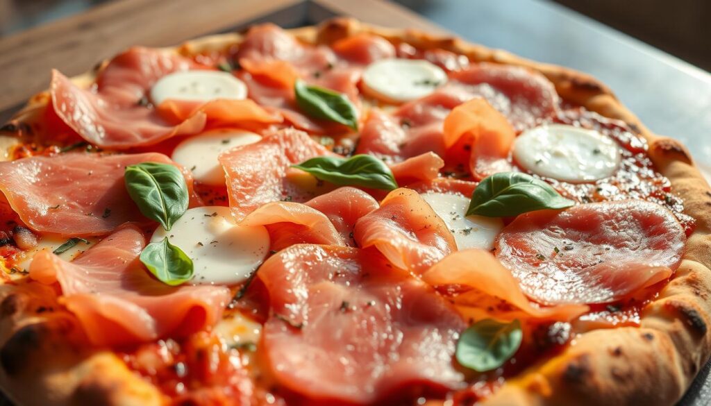 A delicious Italian pizza with a generous layer of succulent prosciutto crudo, the savory cured ham with a distinctive aroma and rich flavor. The prosciutto is artfully arranged, with its delicate pink hues and mottled texture creating visual interest. The pizza crust is golden and crisp, with a hint of char from the wood-fired oven. The overall composition is balanced, with the prosciutto as the star attraction, complemented by the fresh mozzarella cheese and a scattering of fragrant basil leaves. The lighting is warm and natural, casting a soft glow over the scene, as if captured on a sunny afternoon in an authentic Italian trattoria. The image is shot with an iPhone 16 Pro Max, capturing the details and textures with clarity and depth.