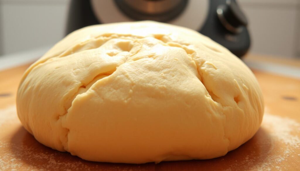 A deliciously fresh and fluffy pizza dough, expertly crafted in a Thermomix, glistens under warm lighting. The dough's golden-brown surface texture beckons, inviting the viewer to imagine the satisfying chew and flavor that awaits. The camera's perspective is angled to showcase the dough's voluminous rise and smooth, pliable consistency - the hallmarks of a perfect pizza crust made effortlessly with this versatile kitchen appliance. Soft shadows and a shallow depth of field draw the eye to the enticing dough, while the clean, minimalist background allows it to take center stage as the star of the scene.