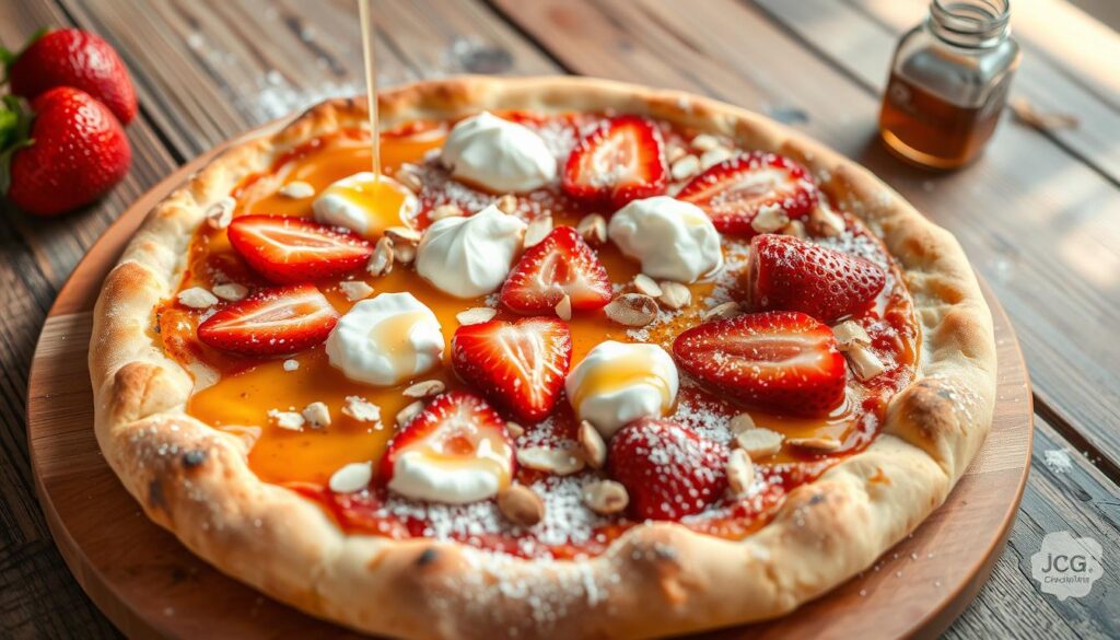 A delightful, artisanal pizza on a wooden board, featuring a golden-brown crust and an array of sweet toppings. In the foreground, sliced strawberries, dollops of creamy mascarpone, and a drizzle of rich honey create a visually appealing and indulgent composition. The middle ground showcases a scattering of toasted almond slices and a sprinkling of powdered sugar, adding texture and visual interest. The background features a rustic, wooden tabletop, with natural lighting casting a warm, inviting glow over the entire scene. This image captures the essence of "pizza na słodko" - a unique and delectable twist on the classic pizza, perfect for satisfying one's sweet tooth. A delightful, artisanal pizza on a wooden board, featuring a golden-brown crust and an array of sweet toppings. In the foreground, sliced strawberries, dollops of creamy mascarpone, and a drizzle of rich honey create a visually appealing and indulgent composition. The middle ground showcases a scattering of toasted almond slices and a sprinkling of powdered sugar, adding texture and visual interest. The background features a rustic, wooden tabletop, with natural lighting casting a warm, inviting glow over the entire scene. This image captures the essence of "pizza na słodko" - a unique and delectable twist on the classic pizza, perfect for satisfying one's sweet tooth.
