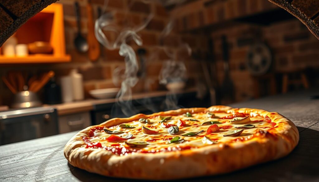 A delightful scene of a fresh, steaming pizza emerging from a rustic brick oven, captured in vivid detail. The crust's golden-brown crust is adorned with glistening cheese and vibrant toppings, enticing the viewer. The setting is a cozy, well-lit kitchen, with the pizza taking center stage against a backdrop of warm, wooden shelves and utensils. The composition emphasizes the pizza's alluring qualities, inviting the viewer to appreciate the benefits of learning to recreate this delectable dish through the art of drawing. Crisp, natural lighting casts subtle shadows, adding depth and dimension to the scene, captured with the precision of a high-quality iPhone 16 Pro Max camera.
