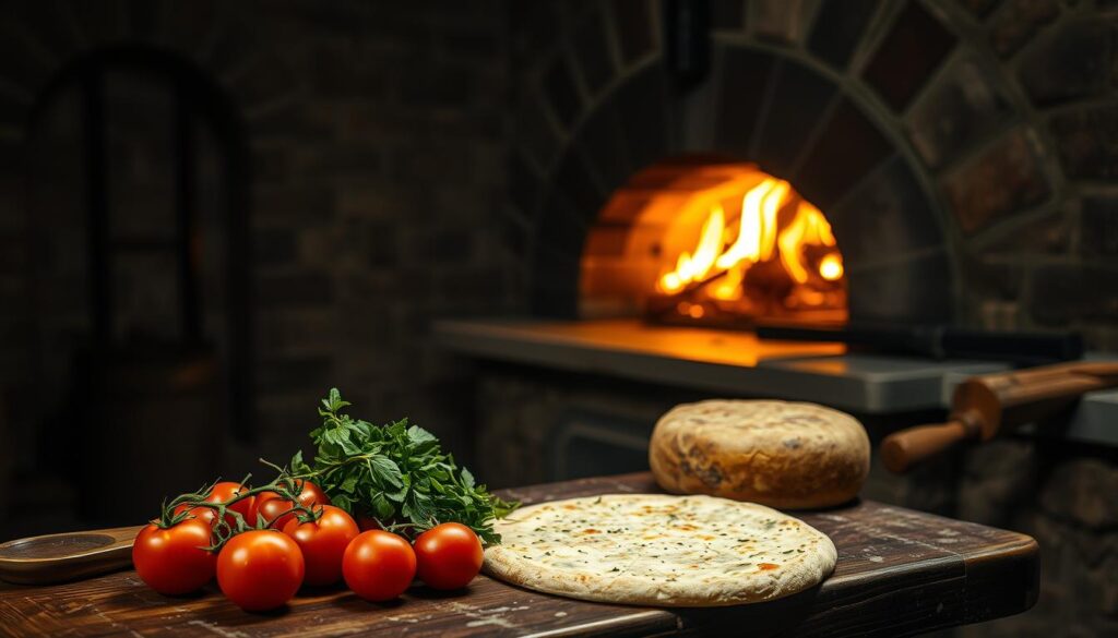A dimly lit, ancient Roman-style kitchen, with stone walls and a large, wood-fired oven. On a rustic wooden table, a selection of simple ingredients: freshly picked tomatoes, aromatic herbs, and a wheel of aged, artisanal cheese. The scene is illuminated by the warm glow of the oven's flames, casting a soft, amber light across the room. The overall atmosphere evokes a sense of history and the origins of the beloved dish, pizza, hinting at its ancient roots and the timeless techniques used in its preparation.