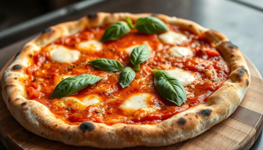 A freshly baked Neapolitan pizza, its thin crust bubbling and charred from the intense heat of a wood-fired oven. The vibrant red tomato sauce, made from the finest San Marzano tomatoes, shines through, perfectly balanced with the creamy mozzarella cheese. Fragrant basil leaves are scattered across the surface, adding a touch of verdant freshness. The pizza is presented on a rustic wooden board, highlighting its artisanal quality. The scene is captured in natural lighting, showcasing the pizza's mouthwatering appearance and the authentic Italian setting. This high-quality iPhone 16 Pro Max photograph captures the essence of Neapolitan pizza – a simple, yet exquisite culinary masterpiece. A freshly baked Neapolitan pizza, its thin crust bubbling and charred from the intense heat of a wood-fired oven. The vibrant red tomato sauce, made from the finest San Marzano tomatoes, shines through, perfectly balanced with the creamy mozzarella cheese. Fragrant basil leaves are scattered across the surface, adding a touch of verdant freshness. The pizza is presented on a rustic wooden board, highlighting its artisanal quality. The scene is captured in natural lighting, showcasing the pizza's mouthwatering appearance and the authentic Italian setting. This high-quality iPhone 16 Pro Max photograph captures the essence of Neapolitan pizza – a simple, yet exquisite culinary masterpiece.