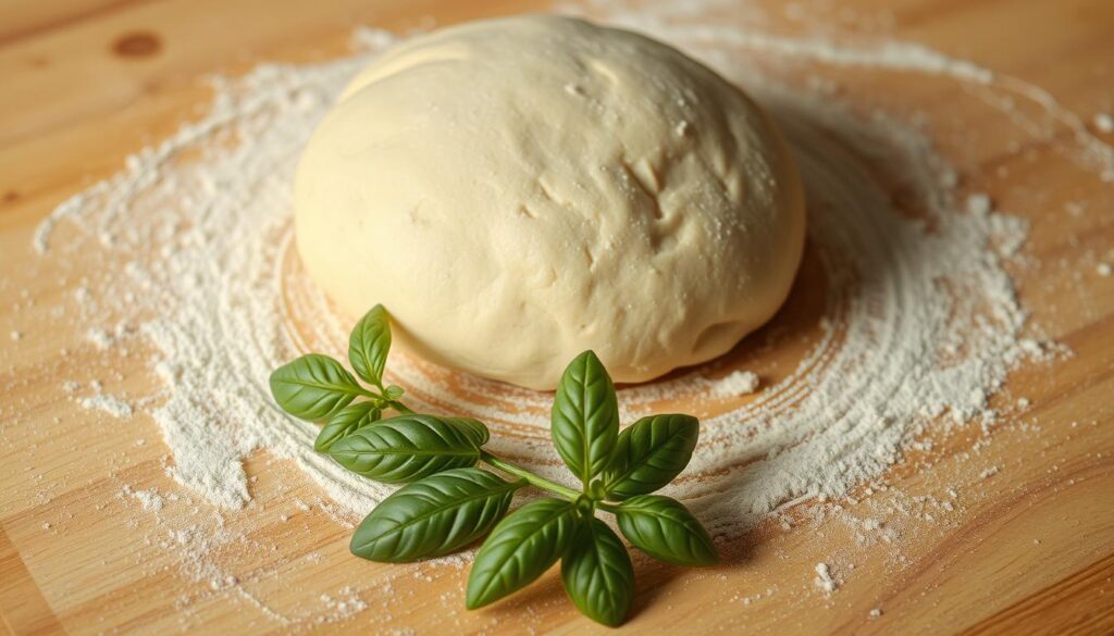 A freshly kneaded dough ball rests on a clean wooden surface, dusted with a light coating of flour. The dough's surface glistens under the warm, natural lighting, hinting at its soft, pliable texture. In the foreground, a few sprigs of fresh basil leaves add a vibrant pop of color, alluding to the aromatic and flavorful pizza that will soon emerge from this homemade crust. The scene exudes a sense of craftsmanship, inviting the viewer to imagine the satisfying process of stretching, topping, and baking this versatile, fundamental ingredient of a perfect pizza.