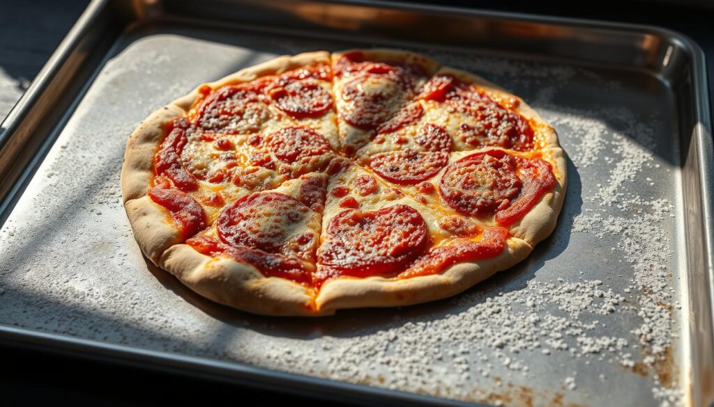 A frozen pizza, its surface glistening with ice crystals, sits on a stainless steel baking tray. The harsh, clinical lighting casts long shadows, emphasizing the pizza's rigid, lifeless appearance. The crust appears thin and doughy, lacking the charred, bubbly texture of a freshly baked pie. The toppings, while visually present, seem flat and devoid of the vibrant colors and flavors one would expect from a restaurant-quality pizza. The scene conveys a sense of disappointment and a missed opportunity, hinting at the gulf between the frozen convenience and the authentic, artisanal experience.
