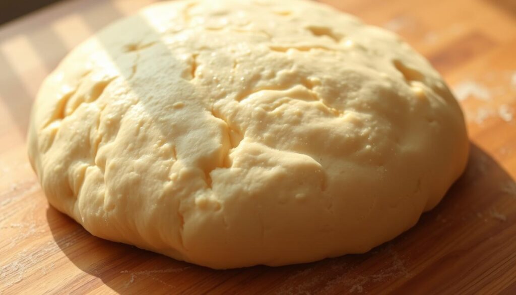 A golden, fluffy yeast-based dough, freshly risen, resting on a wooden surface. Subtle patterns of gluten strands visible, hinting at the tender, chewy texture. Warm natural lighting casts a soft glow, highlighting the glossy sheen of the dough's surface. The edges slightly crisp, a promise of the satisfying bite to come. Inviting aromas of fresh-baked bread fill the air, creating a welcoming, homely atmosphere. This artisanal dough, crafted with care, serves as the foundation for the perfect homemade pizza - a testament to the joy of baking from scratch.