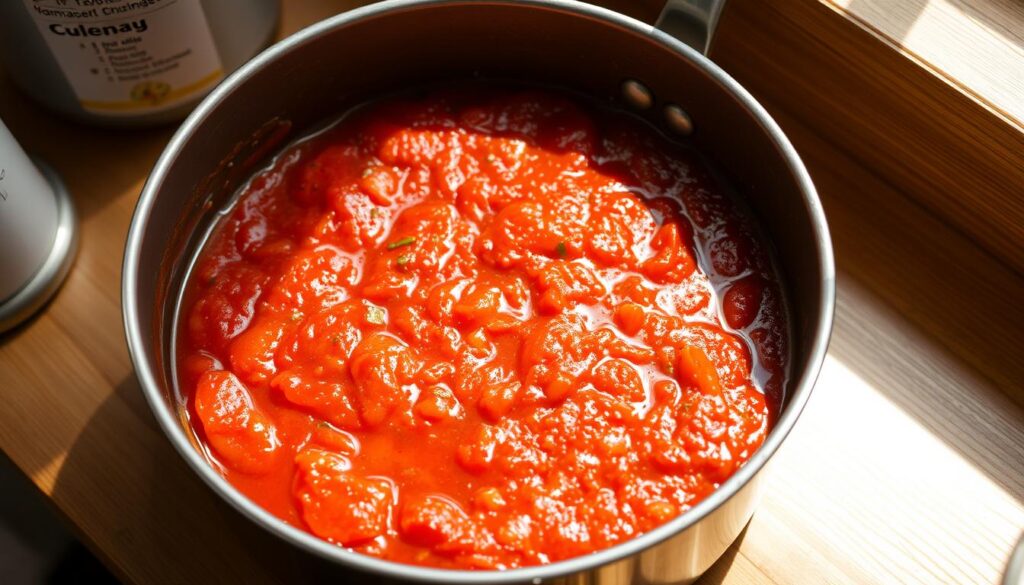A homemade pizza sauce simmers on a wooden counter, its rich, tomato-based aroma filling the air. The sauce glistens under the warm, natural lighting, its vibrant red hue a testament to the fresh, ripe tomatoes used in its creation. Garlic, herbs, and a touch of olive oil add depth and complexity to the sauce, making it the perfect accompaniment to a freshly baked pizza crust. The scene evokes a sense of homemade comfort and the satisfaction of crafting a delicious meal from scratch.