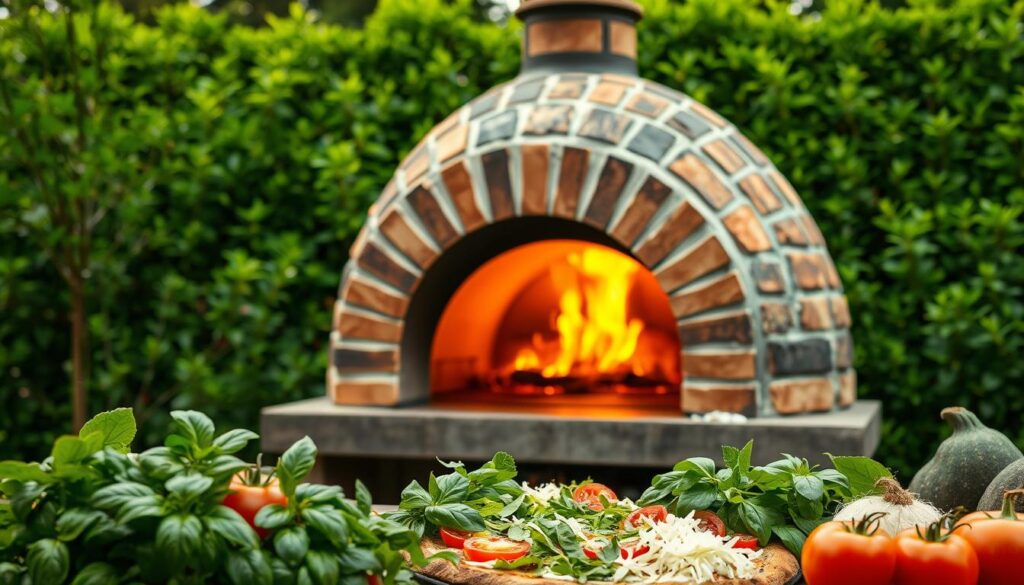 A lush, verdant garden backdrop provides the perfect setting for a rustic, wood-fired pizza oven. The oven's sleek, domed silhouette stands prominently, its weathered bricks and mortar a testament to its craftsmanship. Warm, golden light filters through the oven's open mouth, casting a inviting glow and hinting at the delicious aromas within. In the foreground, an array of fresh, vibrant ingredients - fragrant basil, ripe tomatoes, and shredded mozzarella - await their turn to be transformed into a masterpiece. The scene evokes a sense of outdoor leisure, the perfect complement to the satisfying task of baking homemade pizza in the comfort of one's own backyard. Captured with the exceptional clarity of an iPhone 16 Pro Max, this image showcases the allure and convenience of having a dedicated pizza oven as part of a well-appointed garden retreat. A lush, verdant garden backdrop provides the perfect setting for a rustic, wood-fired pizza oven. The oven's sleek, domed silhouette stands prominently, its weathered bricks and mortar a testament to its craftsmanship. Warm, golden light filters through the oven's open mouth, casting a inviting glow and hinting at the delicious aromas within. In the foreground, an array of fresh, vibrant ingredients - fragrant basil, ripe tomatoes, and shredded mozzarella - await their turn to be transformed into a masterpiece. The scene evokes a sense of outdoor leisure, the perfect complement to the satisfying task of baking homemade pizza in the comfort of one's own backyard. Captured with the exceptional clarity of an iPhone 16 Pro Max, this image showcases the allure and convenience of having a dedicated pizza oven as part of a well-appointed garden retreat.