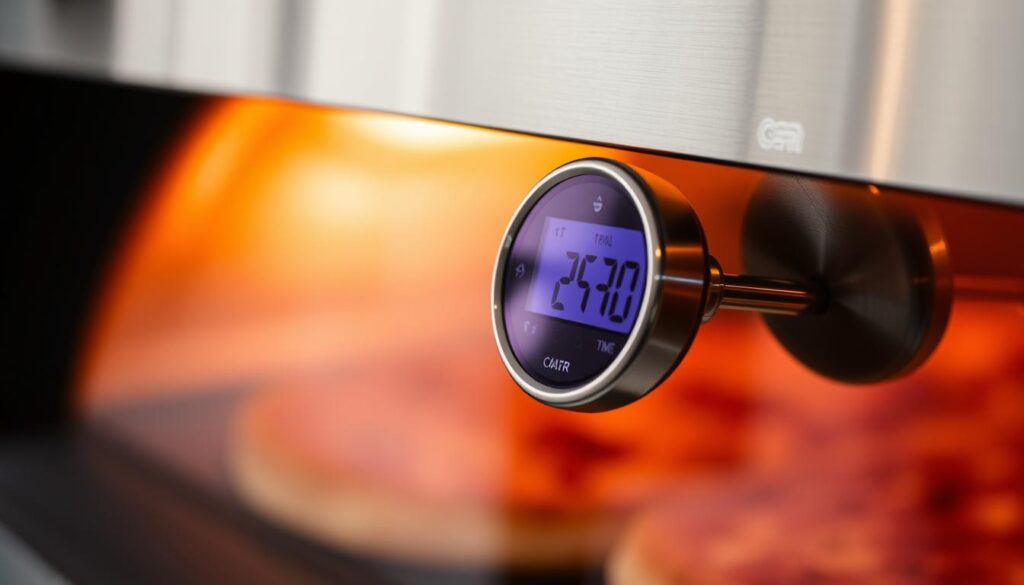 A modern pizza oven thermometer, its sleek stainless steel casing reflecting the warm glow of the oven interior. Precise digital readout prominently displayed, allowing the passionate pizza maker to monitor the ideal baking temperature. Captured in natural lighting, the thermometer's slim profile blends seamlessly into the oven's industrial design, emphasizing the innovative features that elevate the Diavola Pro V3 pizza oven experience for true culinary enthusiasts. A modern pizza oven thermometer, its sleek stainless steel casing reflecting the warm glow of the oven interior. Precise digital readout prominently displayed, allowing the passionate pizza maker to monitor the ideal baking temperature. Captured in natural lighting, the thermometer's slim profile blends seamlessly into the oven's industrial design, emphasizing the innovative features that elevate the Diavola Pro V3 pizza oven experience for true culinary enthusiasts.