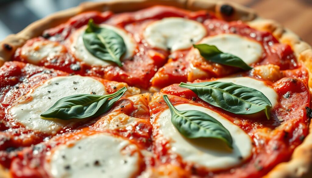 A mouth-watering close-up shot of a classic Margherita pizza, captured with the precision of an iPhone 16 Pro Max. The thin, crisp crust is adorned with a vibrant tomato sauce, glistening mozzarella cheese, and fragrant fresh basil leaves. The natural lighting casts a warm, inviting glow, highlighting the pizza's simple yet elegant presentation. The image conveys the essence of this iconic Italian dish, with a focus on its key ingredients and the care taken in its preparation. The overall mood is one of authenticity, highlighting the simplicity and quality that define the true Margherita pizza.