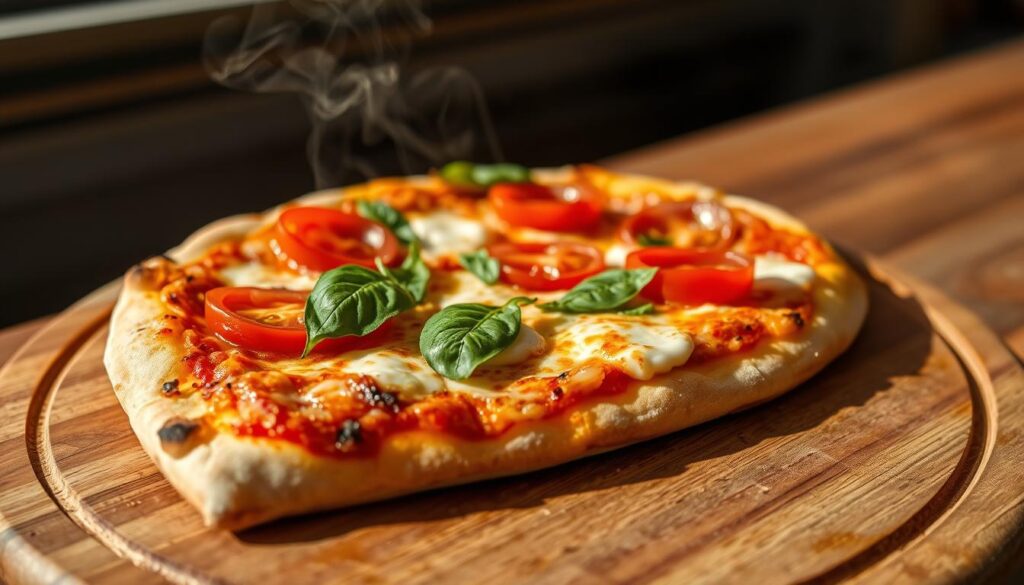A mouthwatering close-up of a freshly baked "Pizza Guseppe" on a wooden serving board, captured with the vivid detail of an iPhone 16 Pro Max. The thin, crispy crust is golden-brown, topped with a vibrant array of toppings - juicy tomatoes, melted mozzarella, and fragrant basil leaves. Wisps of steam rise from the piping hot slice, hinting at the irresistible aroma. The natural lighting casts a warm, inviting glow, highlighting the pizza's enticing texture and artisanal craftsmanship. The overall mood is one of authentic, homemade Italian cuisine that has captivated the hearts and palates of Poland.