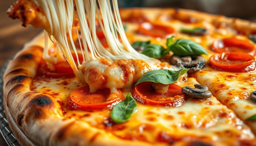 A mouthwatering close-up of a freshly baked Pizza Hut-style pizza, captured with the vivid clarity of an iPhone 16 Pro Max. The golden-brown crust is perfectly crisp, with a tantalizing pattern of char marks. Generous layers of melted mozzarella cheese stretch and drip from the edge, revealing a vibrant array of toppings - zesty pepperoni, juicy mushrooms, and fragrant basil leaves. The lighting casts a warm, inviting glow, drawing the viewer in to savor the authentic Pizza Hut flavor. The image exudes a sense of culinary mastery, inspiring the viewer to recreate this irresistible pizza at home.