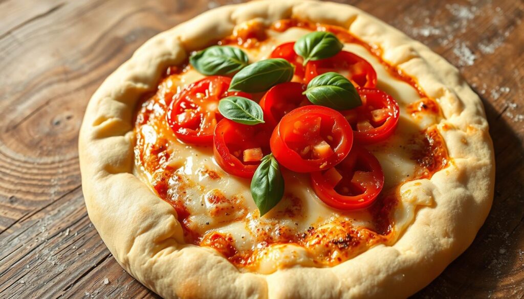 A mouthwatering, homemade pizza dough, crafted without the need for yeast, rests on a rustic wooden surface. The dough's golden-brown crust shimmers under natural lighting, revealing a soft, airy interior. Vibrant, freshly sliced tomatoes, fragrant basil leaves, and glistening, melted cheese create a visually captivating topping. The scene is captured through the lens of an iPhone 16 Pro Max, conveying a sense of warmth, simplicity, and culinary delight, perfectly reflecting the appeal of crafting pizza without the use of traditional yeast.