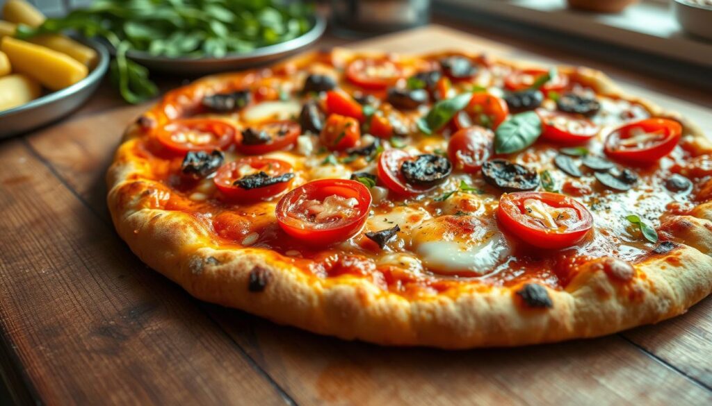 A mouthwatering homemade pizza, freshly baked with a golden-brown crust, glistening with melted cheese, and topped with an array of vibrant, juicy toppings. The scene is captured in a crisp, natural light, highlighting the tactile, artisanal quality of the dish. The camera angle showcases the pizza in an inviting, close-up perspective, drawing the viewer's attention to the intricate details of the ingredients and the careful craftsmanship. The overall atmosphere exudes a sense of warmth, comfort, and the satisfaction of creating a delicious, homemade meal.