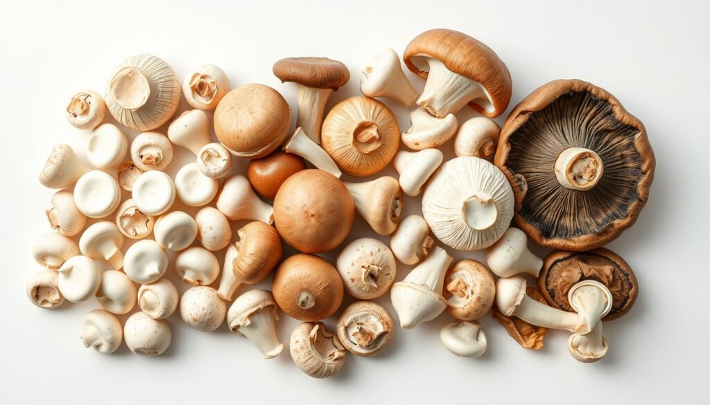 A neatly arranged assortment of various fresh mushroom varieties, including white button, cremini, and portobello, against a clean, minimalist background. The mushrooms are shot from an overhead perspective, with soft, diffused lighting that accentuates their natural textures and hues. The scene has a crisp, professional feel, as if captured by a skilled food photographer using an iPhone 16 Pro Max. The image conveys the idea of high-quality, carefully selected ingredients for a delicious pizza topping. A neatly arranged assortment of various fresh mushroom varieties, including white button, cremini, and portobello, against a clean, minimalist background. The mushrooms are shot from an overhead perspective, with soft, diffused lighting that accentuates their natural textures and hues. The scene has a crisp, professional feel, as if captured by a skilled food photographer using an iPhone 16 Pro Max. The image conveys the idea of high-quality, carefully selected ingredients for a delicious pizza topping.