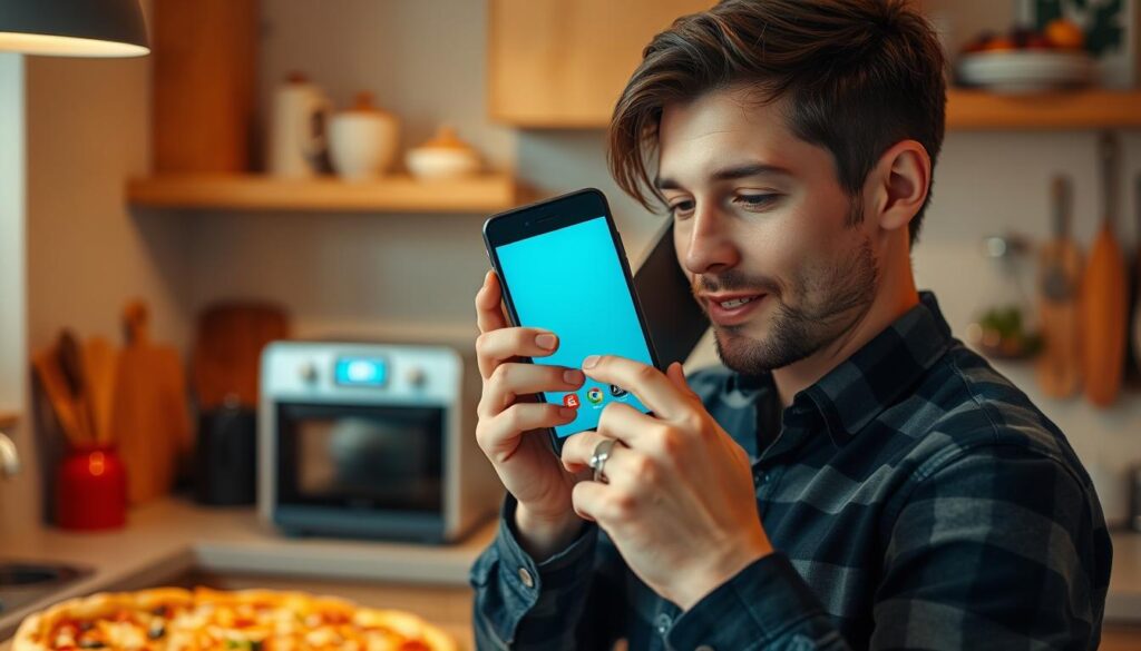 A person using a smartphone to place a pizza order by phone. The scene is set in a cozy kitchen with warm, diffused lighting. The person is holding the phone to their ear, intently focused on the conversation, surrounded by kitchen appliances and utensils. The background is slightly blurred, emphasizing the person's engaged expression. The image captures the practical, everyday act of ordering a pizza by phone, reflecting the section title "Jak zamówić pizzę przez telefon?". The overall mood is relaxed and natural, as if captured by an iPhone 16 Pro Max camera.