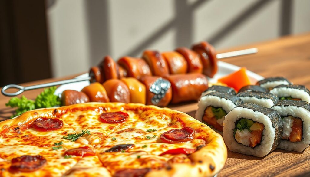 A photorealistic image of a visual comparison between three iconic dishes - pizza, kebab, and sushi. The pizza stands in the foreground, featuring a golden-brown crust, bubbling melted cheese, and vibrant toppings. The kebab lies in the middle ground, its skewered meat glistening with savory juices. Sushi rolls occupy the background, their delicate layers of rice, seaweed, and fresh seafood artfully arranged. The lighting is natural and warm, casting subtle shadows and highlights to accentuate the textures and colors of each dish. The image is shot with an iPhone 16 Pro Max, capturing the essence of these diverse culinary delights in stunning detail.
