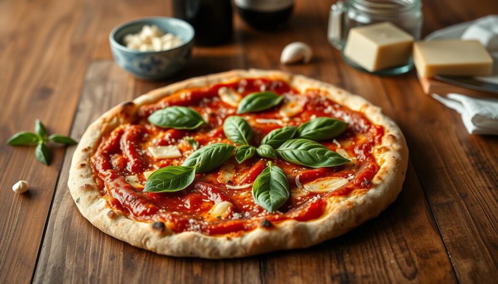 A rustic, wooden table set with a classic Italian pizza, freshly baked with a crisp, golden crust and vibrant tomato sauce. Fragrant basil leaves and slivers of garlic adorn the surface, while a light dusting of Parmesan cheese adds a subtle savory note. The scene is bathed in warm, natural lighting, captured with the clarity and depth of field of an iPhone 16 Pro Max, highlighting the textural details of the ingredients and the simple, yet elegant presentation. The overall mood evokes the rich culinary heritage and timeless appeal of this iconic Italian dish.
