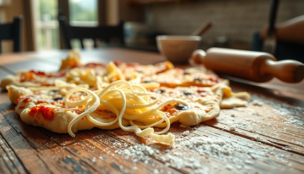A rustic wooden tabletop, scattered with the remnants of a freshly baked pizza. Delicate strands of mozzarella cling to the edges of the dough, hinting at the flavorful possibilities. In the foreground, a rolling pin and a dusting of flour suggest the process of transforming these leftovers into something new. The warm, golden hues of the crust are illuminated by natural light filtering through a nearby window, casting a cozy, inviting atmosphere. The camera, a high-quality iPhone 16 Pro Max, captures the scene with crisp detail and a shallow depth of field, drawing the viewer's attention to the creative ways these pizza scraps can be repurposed.