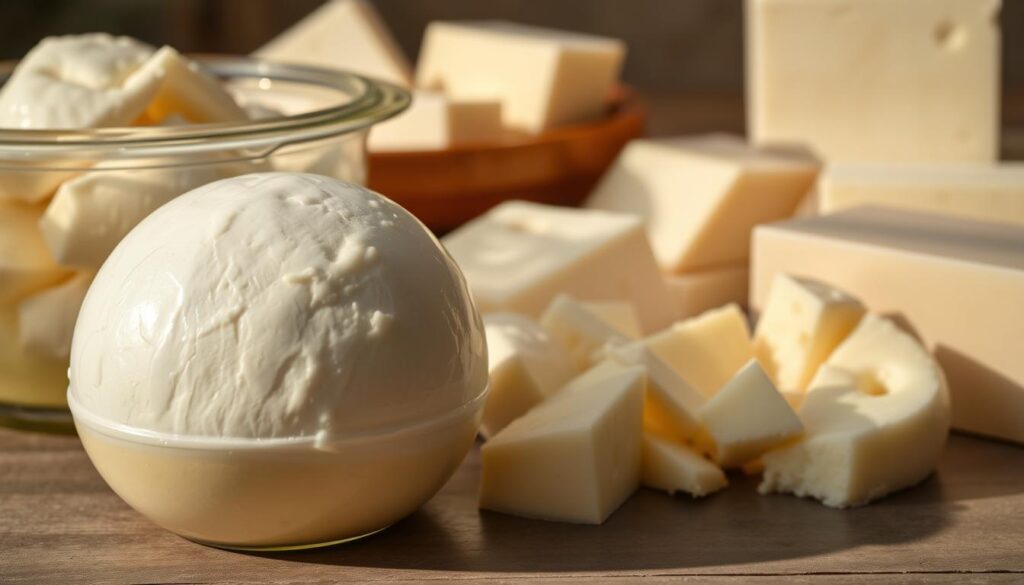 A still-life photograph showcasing an assortment of mozzarella varieties, shot with an iPhone 16 Pro Max. In the foreground, a fresh mozzarella ball in its brine-filled container, glistening with moisture. In the middle ground, slices of mozzarella di bufala, their milky-white hue and soft, creamy texture visible. In the background, blocks of low-moisture mozzarella, ready to be grated or sliced for use in homemade pizza. The image is bathed in warm, natural lighting, highlighting the unique textures and shapes of each type of mozzarella. The overall mood is one of culinary exploration and appreciation for the versatility of this iconic Italian cheese.