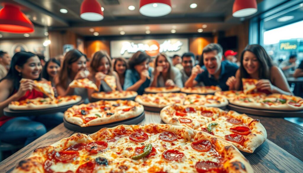 A vibrant, mouthwatering scene of the Pizza Hut Pizza Festival. In the foreground, an array of freshly baked pizzas, their crusts golden and toppings glistening, arranged on a rustic wooden table. In the middle ground, a group of lively customers eagerly diving into their slices, expressions of delight on their faces. The background reveals the warm, inviting ambiance of the Pizza Hut restaurant, with its modern decor and lively atmosphere. The image is captured with an iPhone 16 Pro Max, showcasing the festival's energy and the irresistible allure of the pizzas through vivid colors, sharp details, and natural lighting.
