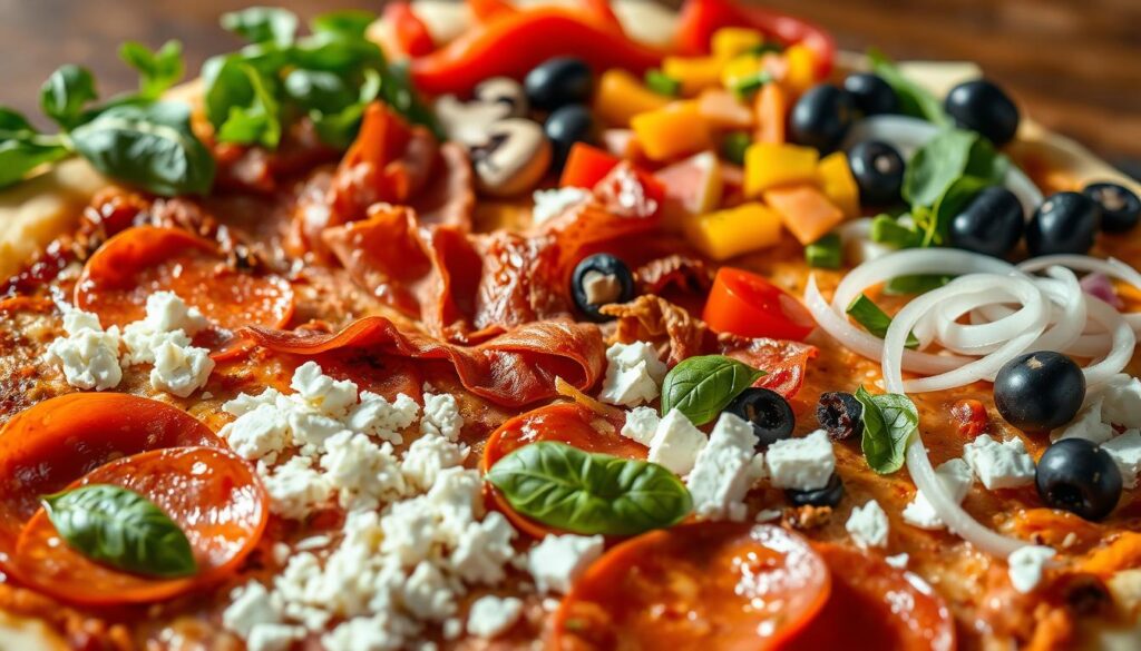 A vibrant still life, captured with an iPhone 16 Pro Max, showcasing an array of popular pizza toppings. In the foreground, freshly sliced pepperoni, crisp bacon, and juicy mushrooms are arranged artfully. The middle ground features grated mozzarella, crumbled feta, and vibrant green basil leaves. In the background, a scatter of black olives, diced bell peppers, and thin-sliced onions create a visually compelling composition. The natural lighting casts a warm, inviting glow, accentuating the textures and colors of the ingredients. The overall mood is one of culinary delight, enticing the viewer to imagine the delicious pizza that could be created with these beloved dodatki.