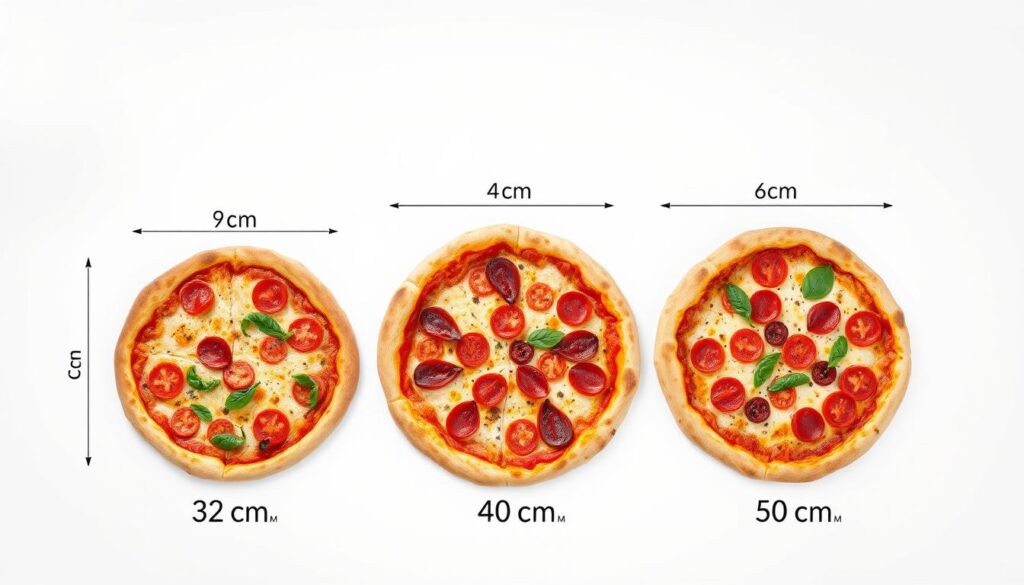 A well-lit, high-resolution photograph of various standard pizza sizes displayed side-by-side on a clean, neutral background. The pizzas should be freshly baked, with a crisp, golden crust and vibrant toppings. Capture the sizes in a clear, organized manner, showcasing the diameter measurements of 32 cm, 40 cm, and 50 cm. Use a shallow depth of field to keep the pizzas in sharp focus while softening the background. Achieve a crisp, professional-grade image with balanced lighting and natural shadows that emphasizes the pizzas' texture and dimensions.
