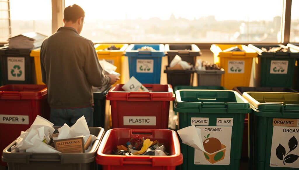 A well-organized recycling facility with various labeled bins for paper, plastic, glass, and organic waste. The scene is bathed in warm, natural lighting, creating a clean and efficient atmosphere. In the foreground, a person is carefully sorting their waste, demonstrating the importance of proper segregation. The middle ground showcases the different color-coded containers, inviting the viewer to consider their own waste management habits. In the background, a cityscape can be seen, emphasizing the broader impact of responsible waste disposal on the environment. The overall composition conveys a sense of civic duty and environmental consciousness.