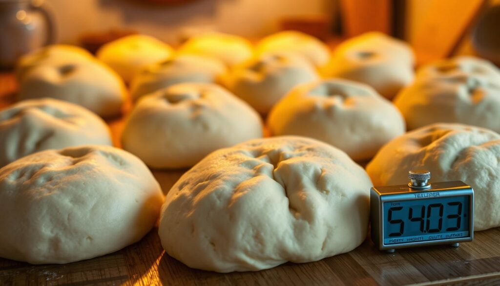 An array of freshly-kneaded pizza dough balls resting on a wooden countertop, bathed in warm, diffused lighting. The dough has a soft, pillowy texture, rising gradually as it proofs, its surface gently dimpled. In the foreground, a timer ticks away, tracking the optimal proofing time. The background is slightly blurred, emphasizing the focus on the dough's transformation. The overall atmosphere evokes a cozy, homemade kitchen, where the art of pizza-making unfolds.