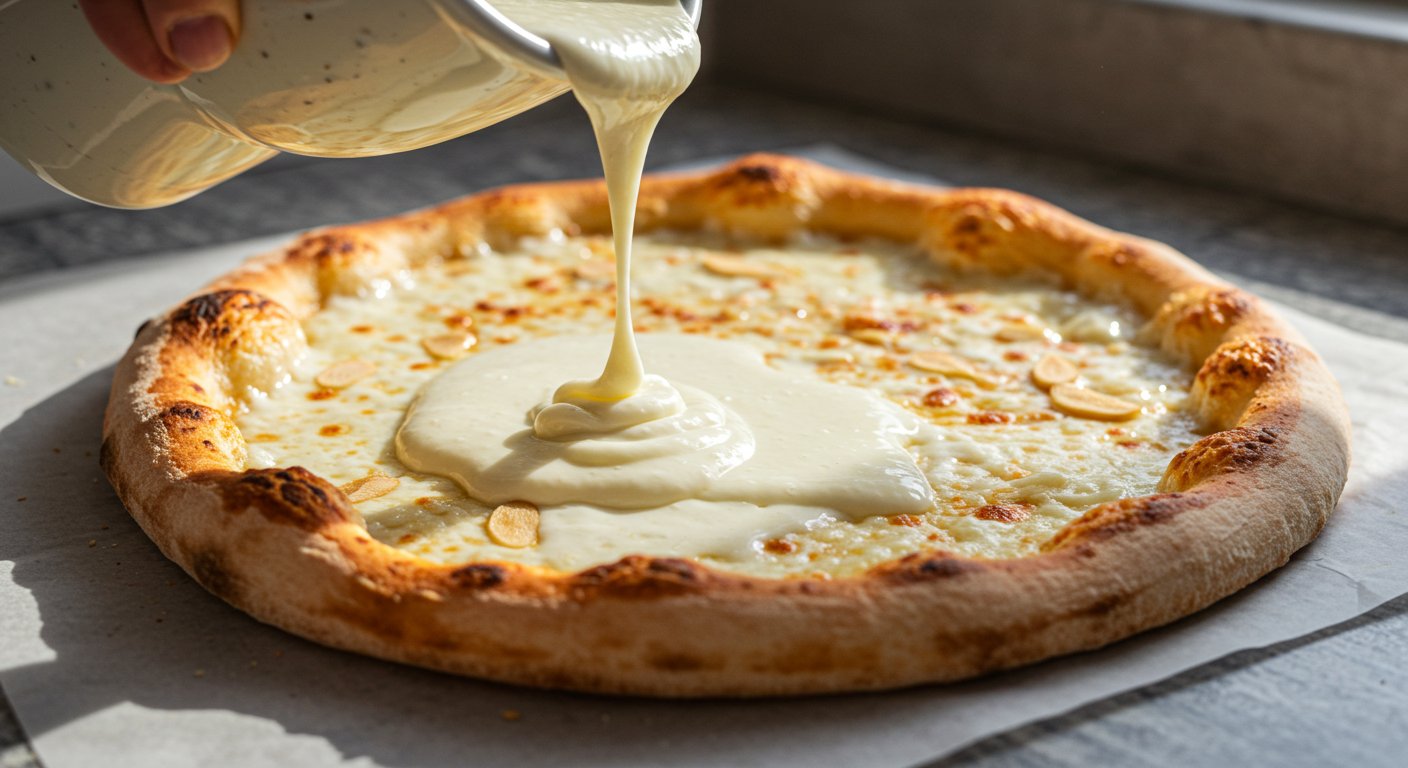Aksamitny sos na bazie śmietany jest powoli rozprowadzany po brzegach chrupiącego ciasta do pizzy.