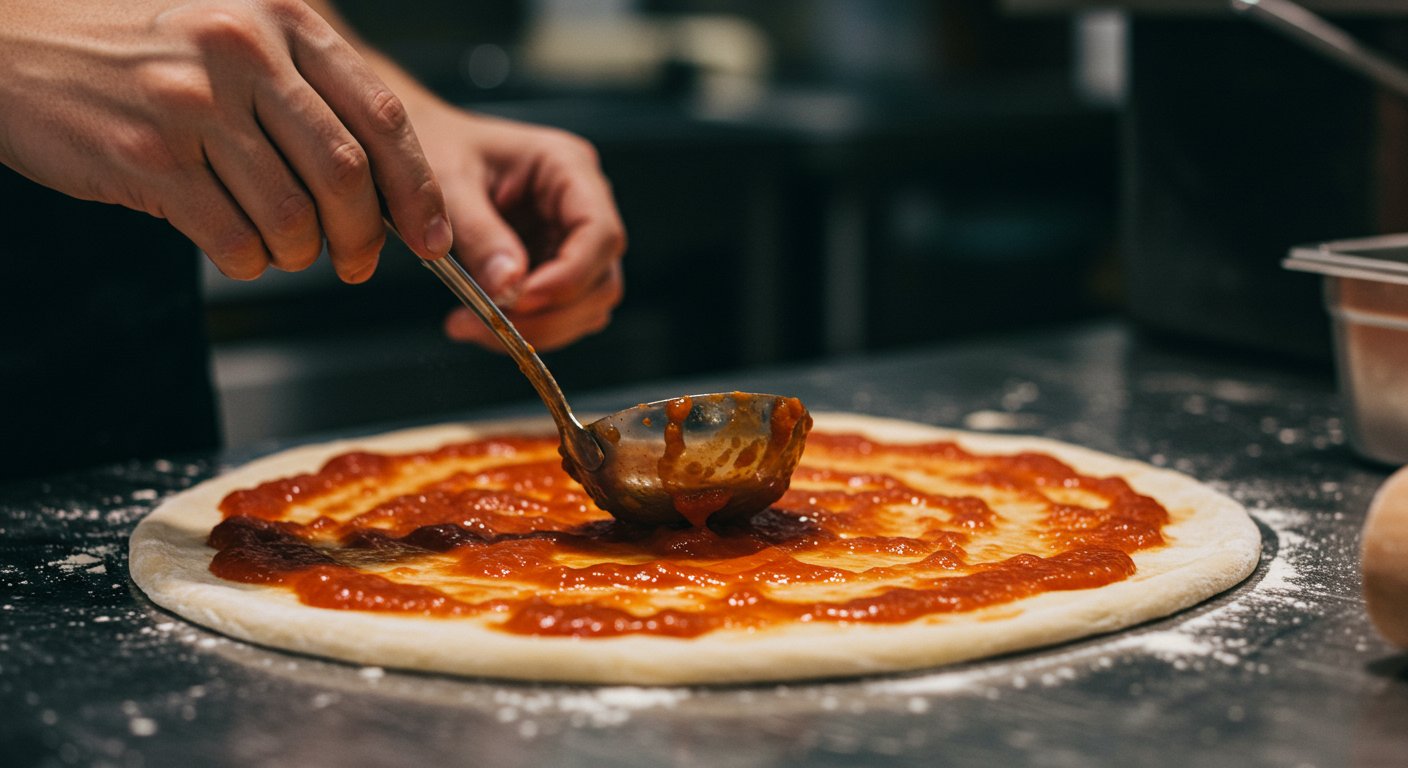 Ręka kucharza rozprowadza aromatyczny sos pomidorowy po powierzchni świeżo rozwałkowanego ciasta na pizzę.